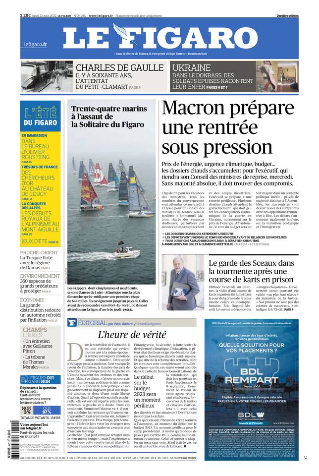 Le Figaro Une du 22 août 2022