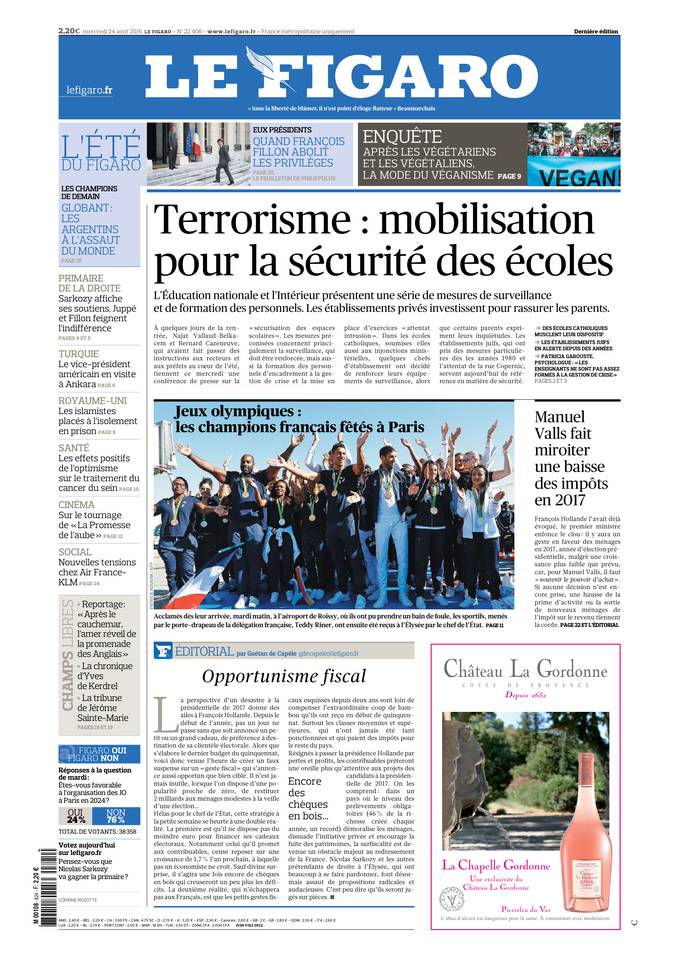 Le Figaro Une du 24 août 2016