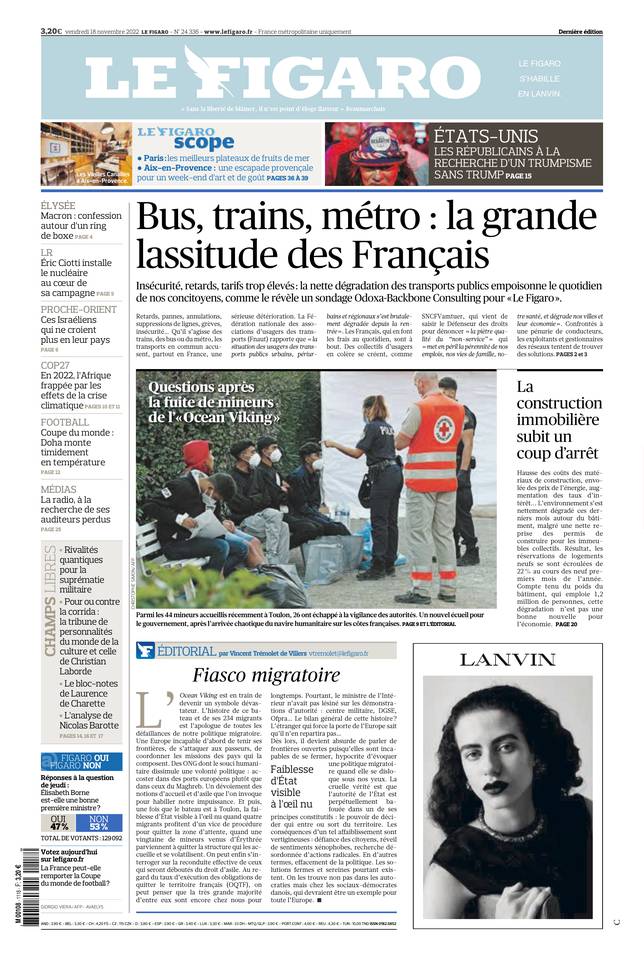 Le Figaro Une du 18 novembre 2022