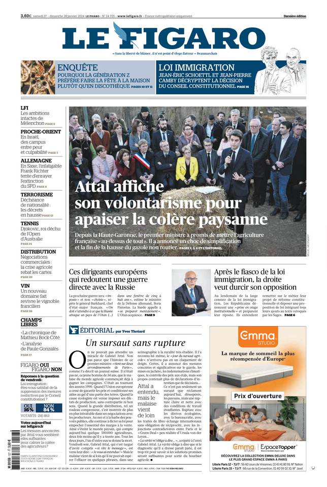 Le Figaro Une du 27 janvier 2024