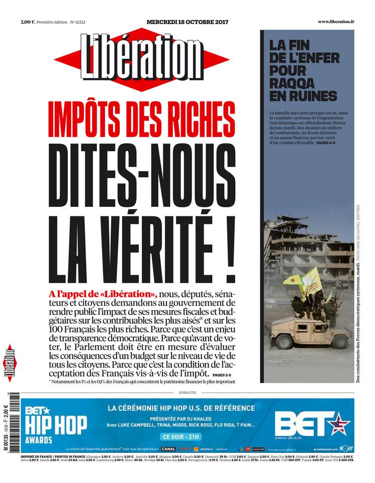 Libération 18 octobre 2017 Abonnement à Libération Pas Cher avec le BOUQUET INFO ePresse.fr
