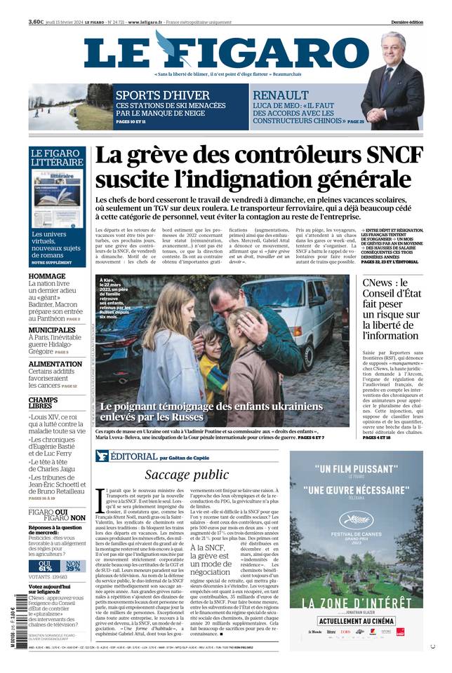 Le Figaro Une du 15 février 2024