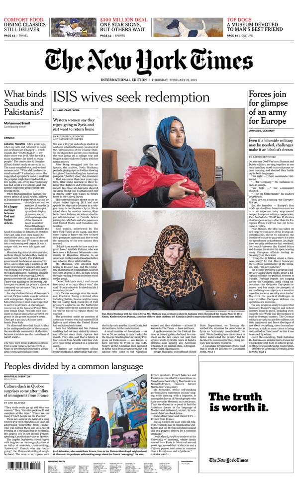 International New York Times 21 février 2019 Abonnement International NY Times Pas Cher avec le BOUQUET ePresse.fr