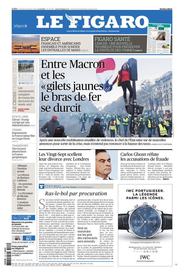 Le Figaro Une du 26 novembre 2018