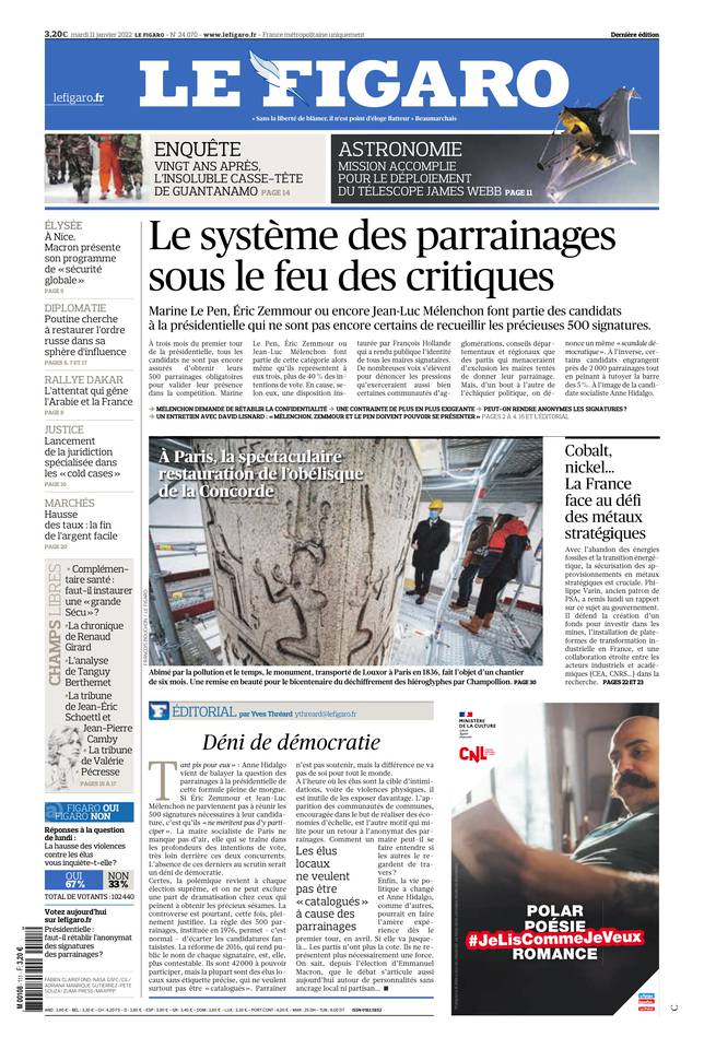 Le Figaro Une du 11 janvier 2022