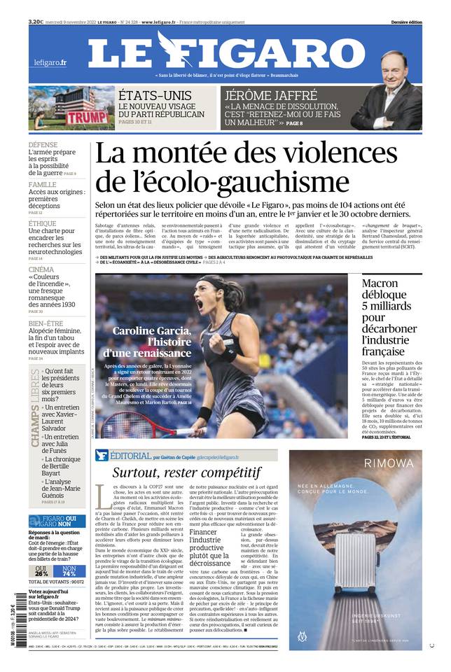 Le Figaro Une du 9 novembre 2022