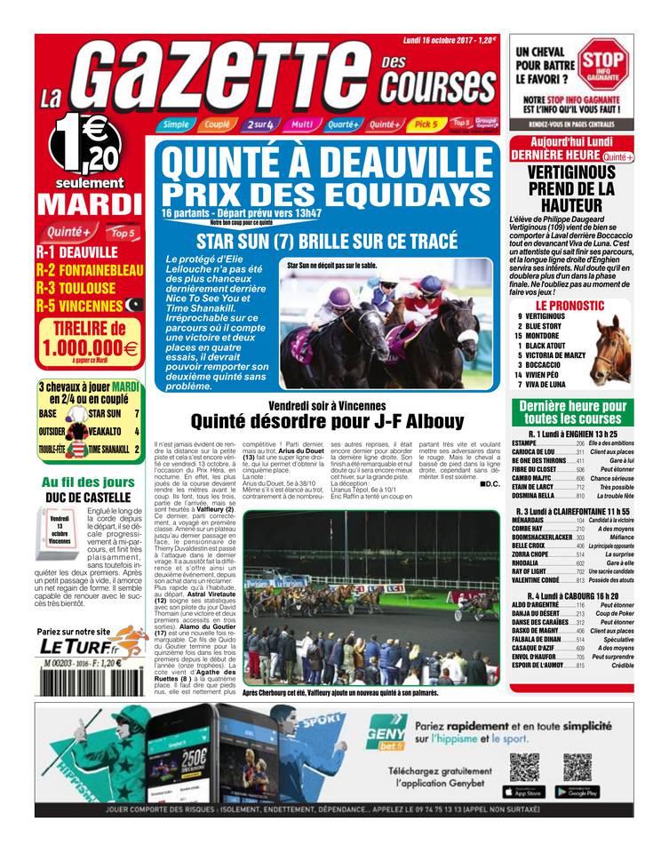 La Gazette des courses 16 octobre 2017 Abonnement La Gazette des Courses Pas Cher avec le BOUQUET ePresse.fr