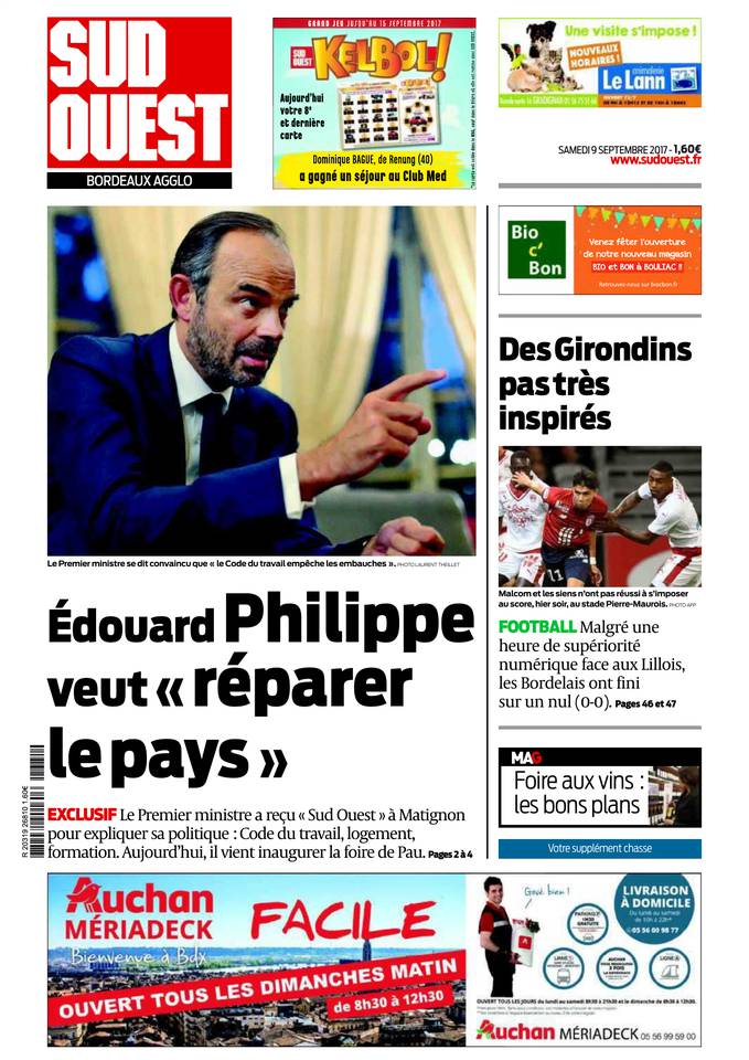 Sud Ouest 09 septembre 2017 Abonnement Sud Ouest Pas Cher avec BOUQUET INFO ePresse.fr