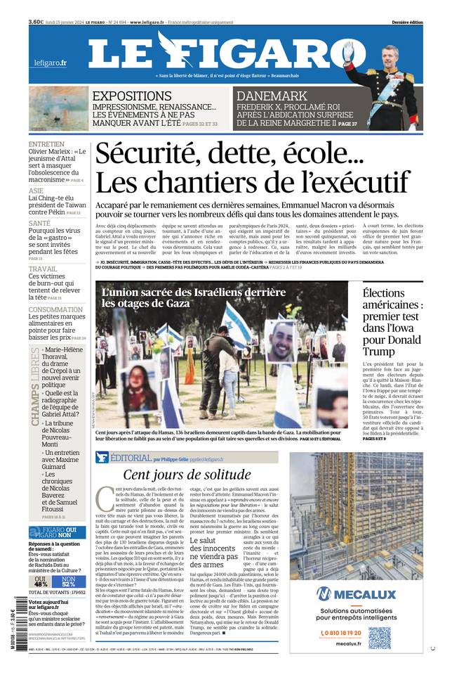 Le Figaro Une du 15 janvier 2024