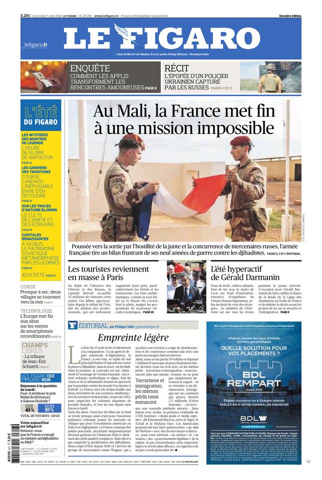 Le Figaro Une du 17 août 2022