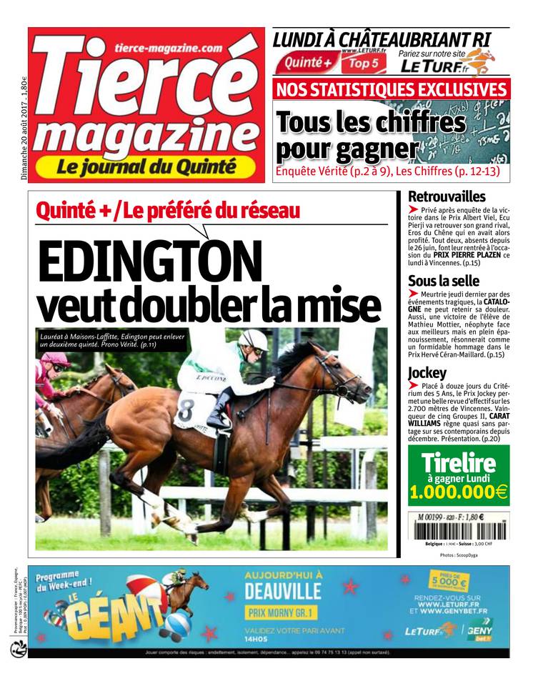 Tiercé Magazine 20 août 2017 Abonnement Tiercé Mag Pas Cher avec le BOUQUET ePresse.fr