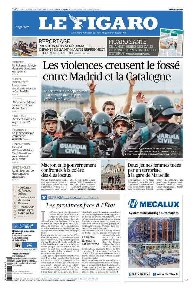 Le Figaro Une du 2 octobre 2017