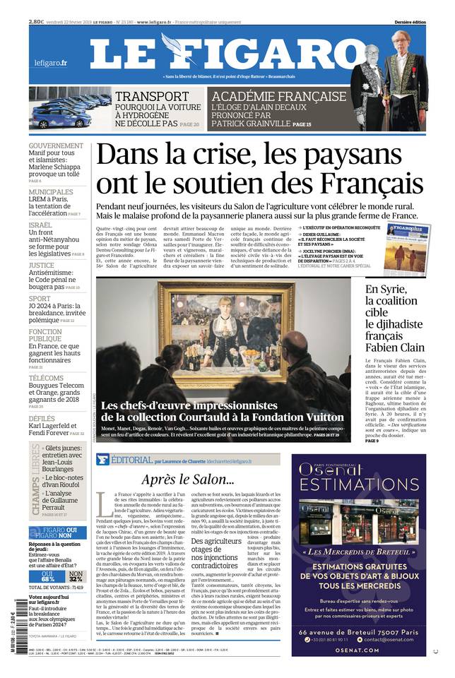 Le Figaro Une du 22 février 2019