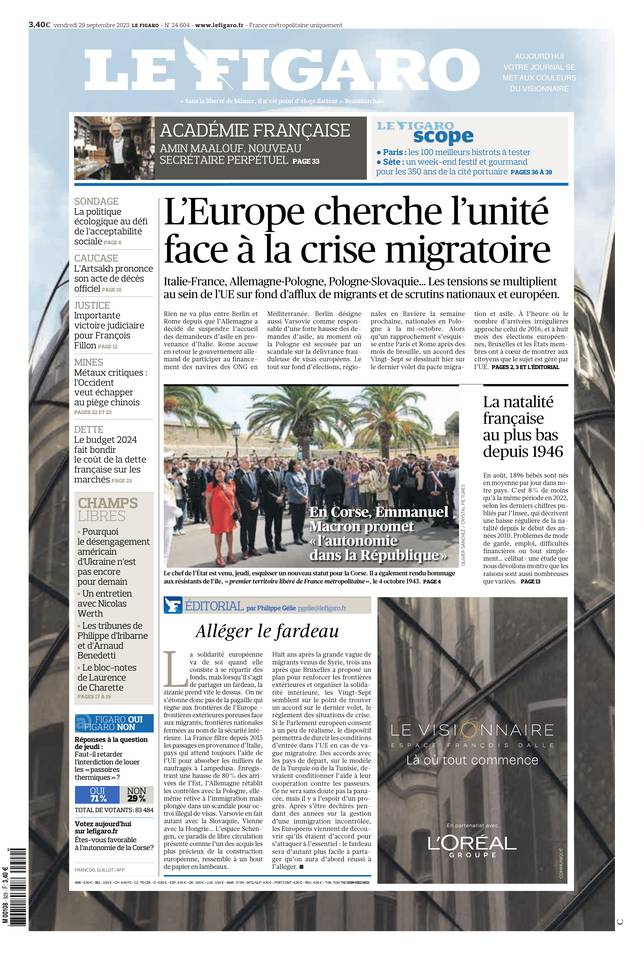 Le Figaro Une du 29 septembre 2023