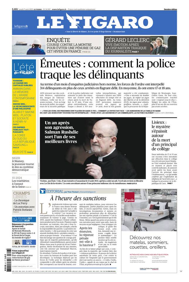 Le Figaro Une du 17 août 2023