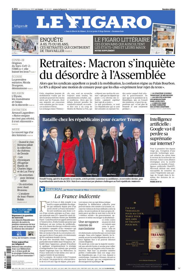 Le Figaro Une du 16 février 2023
