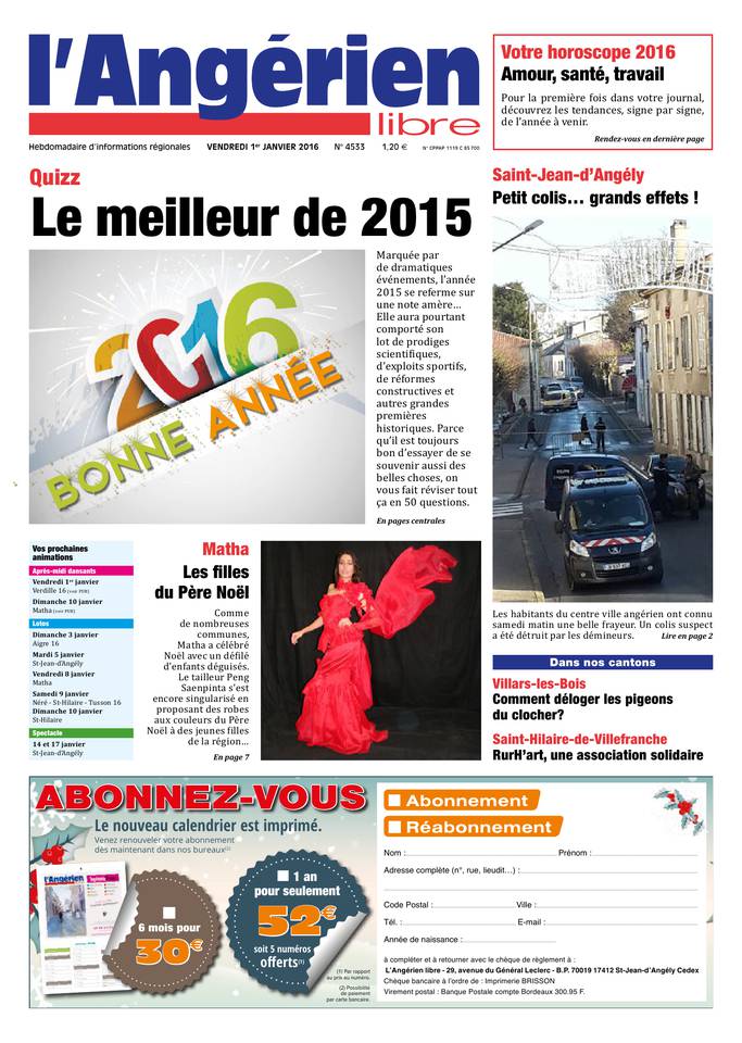 L'Angérien Libre 01 janvier 2016 L'Angérien Libre N°4533 du 01 janvier 2016 à télécharger sur iPad