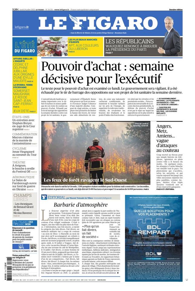 Le Figaro Une du 18 juillet 2022