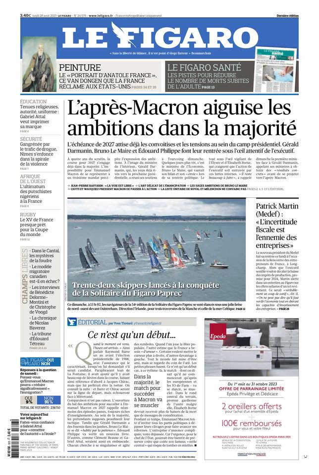 Le Figaro Une du 28 août 2023