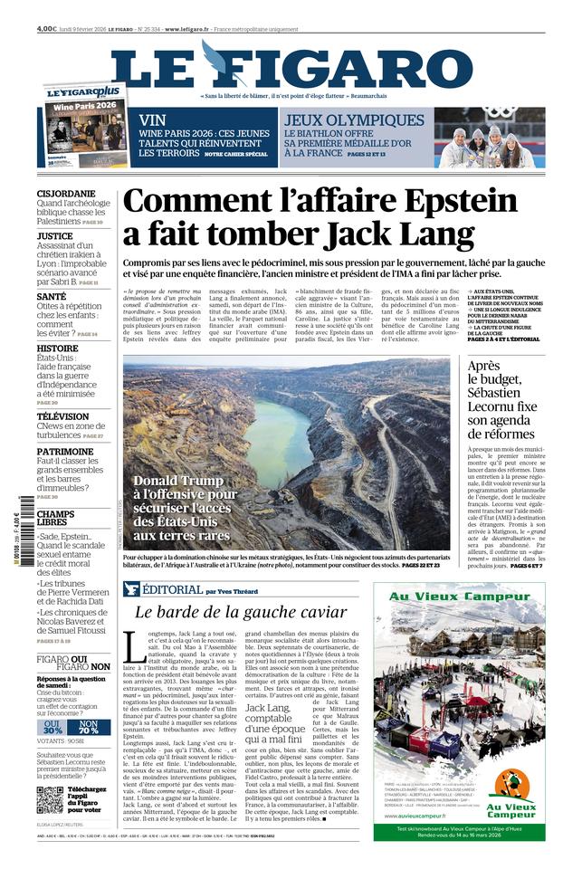 Le Figaro Une du 9 février 2026