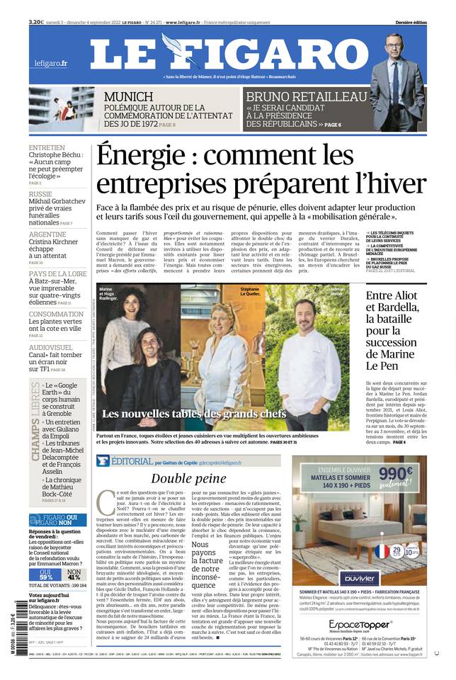 Le Figaro Une du 3 septembre 2022