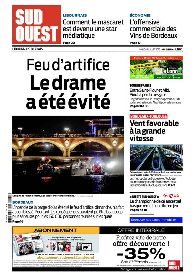 Sud Ouest 16 juillet 2019 Abonnement Sud Ouest Pas Cher avec BOUQUET INFO ePresse.fr