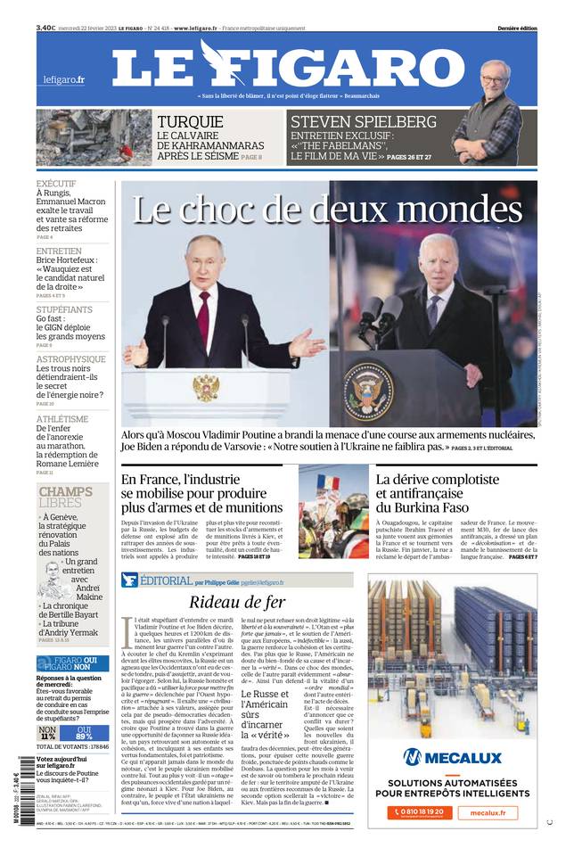Le Figaro Une du 22 février 2023