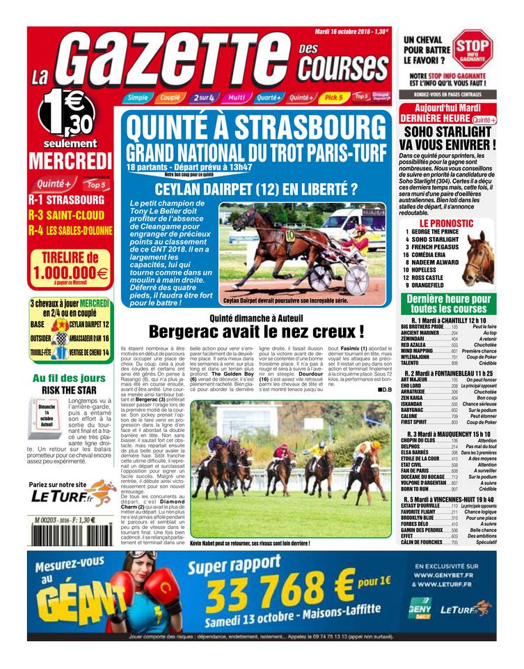 La Gazette des courses 16 octobre 2018 Abonnement La Gazette des Courses Pas Cher avec le BOUQUET ePresse.fr
