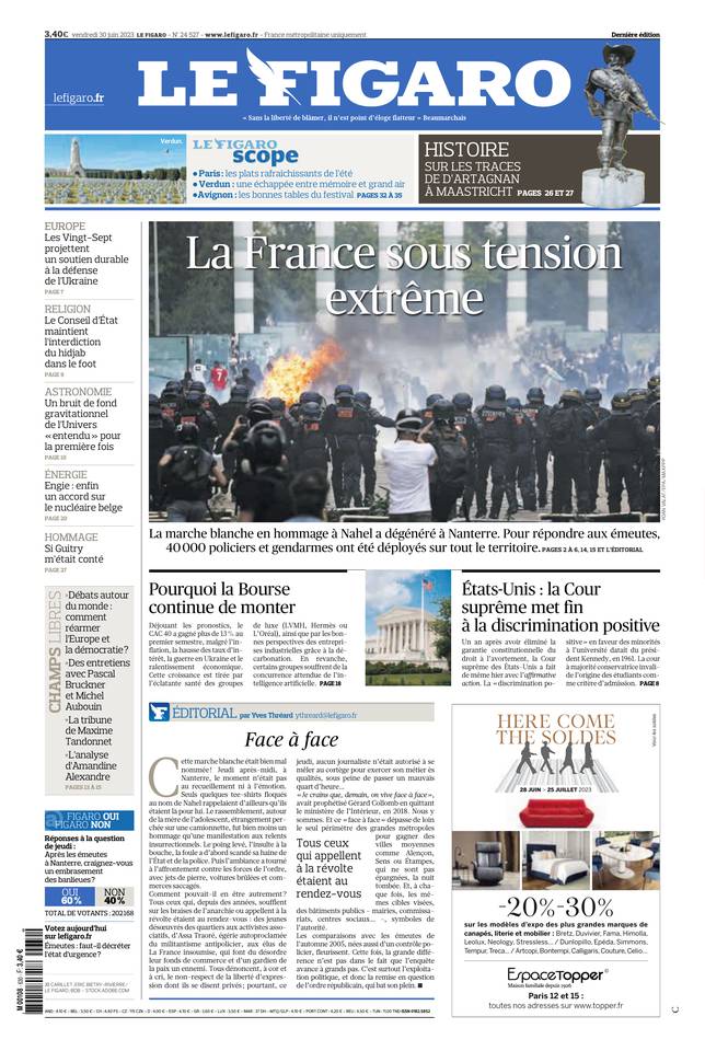 Le Figaro Une du 30 juin 2023