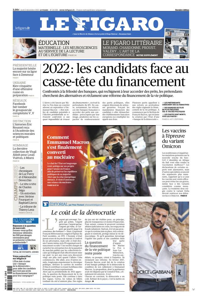 Le Figaro Une du 2 décembre 2021