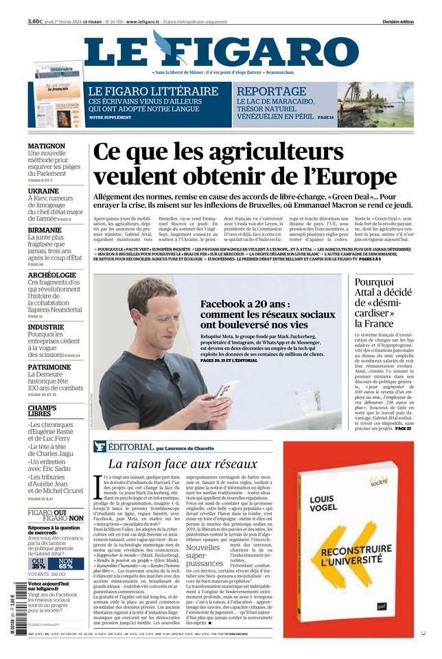 Le Figaro Une du 1 février 2024
