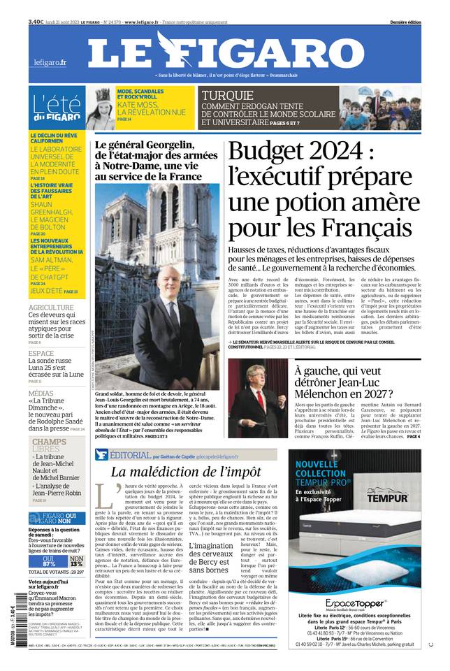Le Figaro Une du 21 août 2023