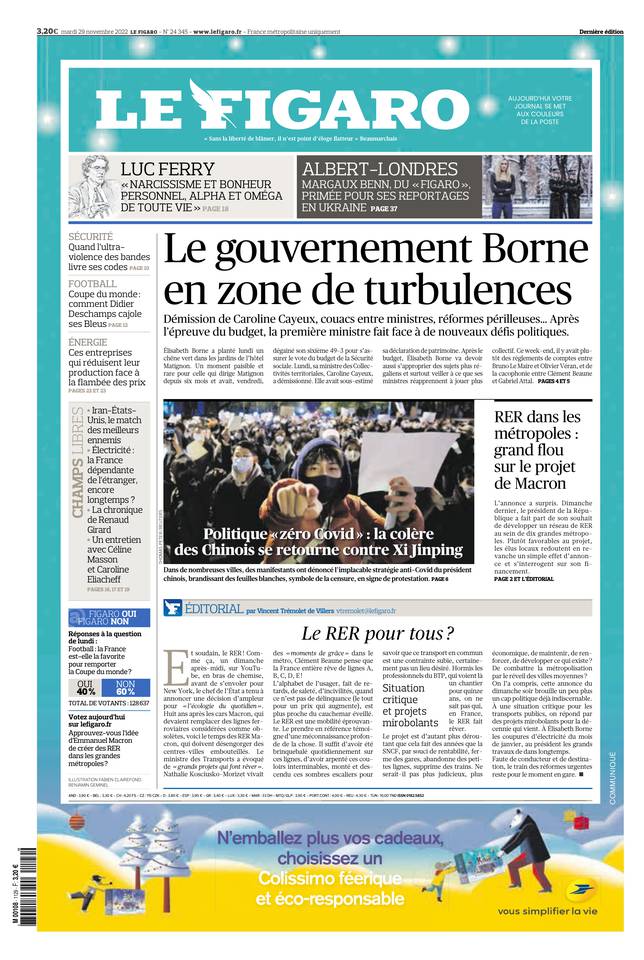 Le Figaro Une du 29 novembre 2022