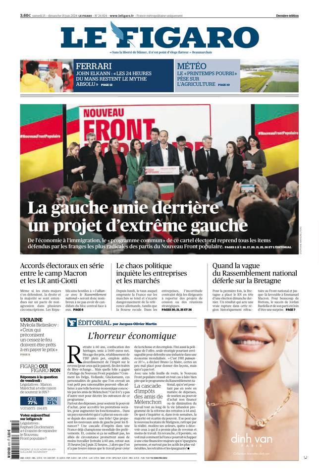 Le Figaro Une du 15 juin 2024