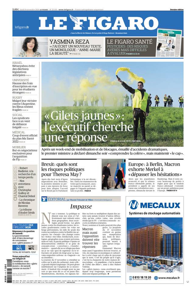 Le Figaro 19 novembre 2018 Le Figaro du 19 novembre 2018 à télécharger sur iPad