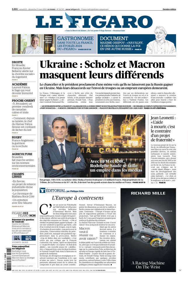 Le Figaro Une du 16 mars 2024