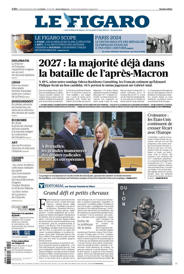 Le Figaro Une du 16 février 2024