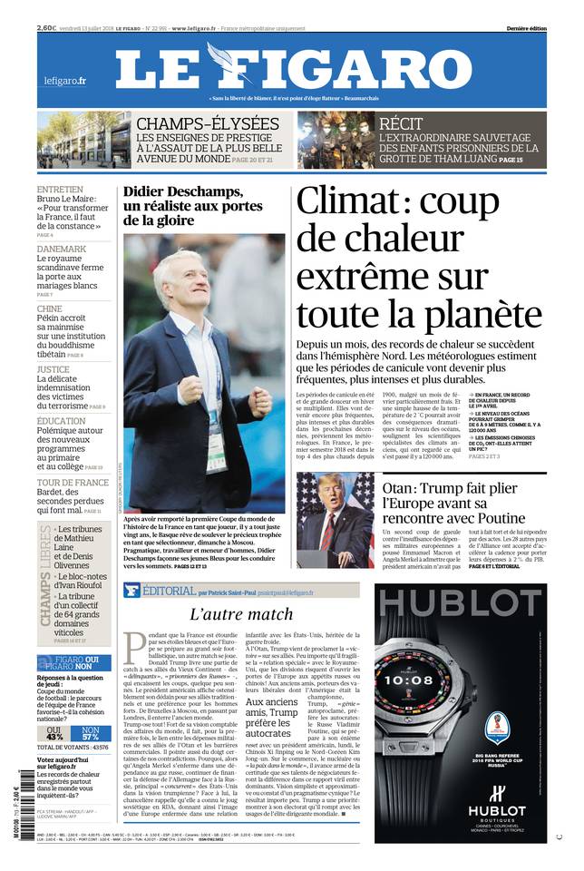 Le Figaro Une du 13 juillet 2018