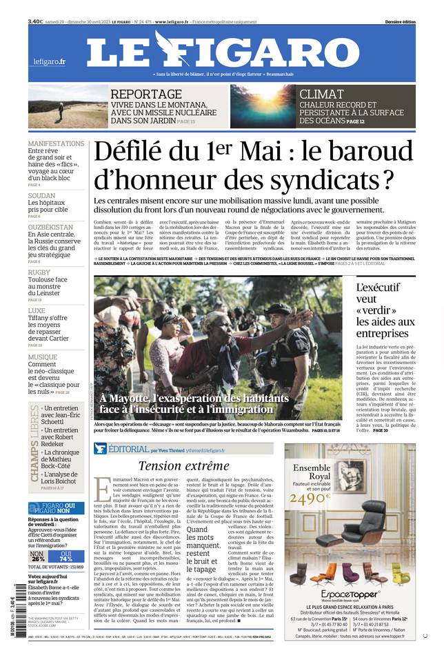 Le Figaro Une du 29 avril 2023