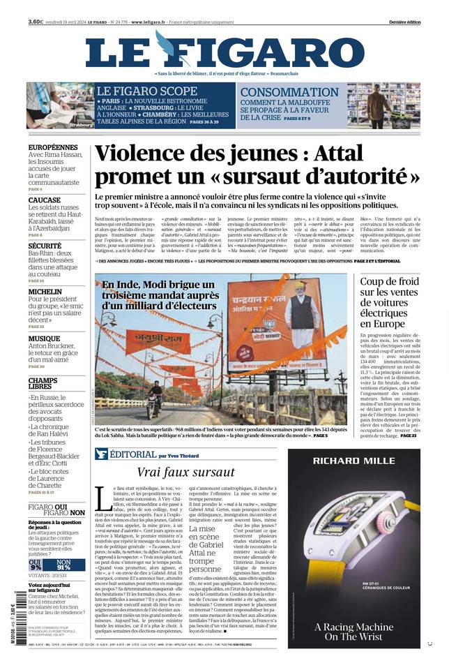 Le Figaro Une du 19 avril 2024