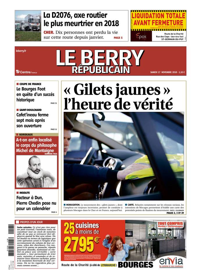 Le Berry Républicain 17 novembre 2018 Abonnement Berry Républicain Pas Cher avec le BOUQUET ePresse.fr