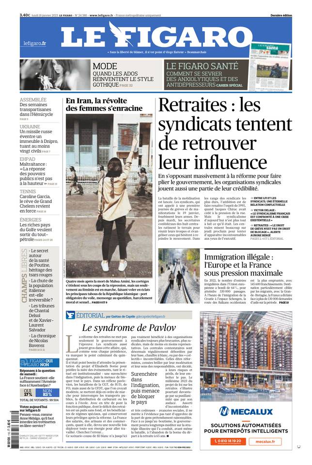 Le Figaro Une du 16 janvier 2023
