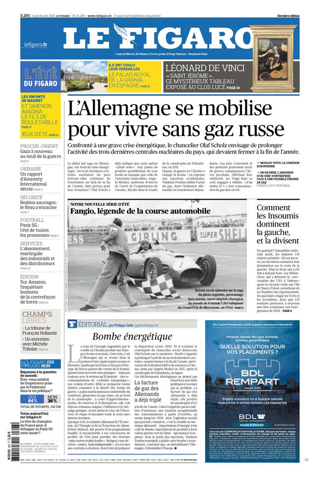 Le Figaro Une du 8 août 2022