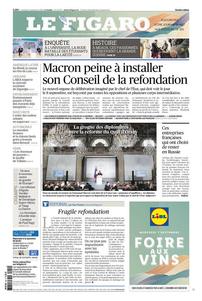 Le Figaro Une du 2 septembre 2022