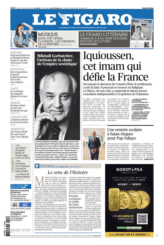 Le Figaro Une du 1 septembre 2022