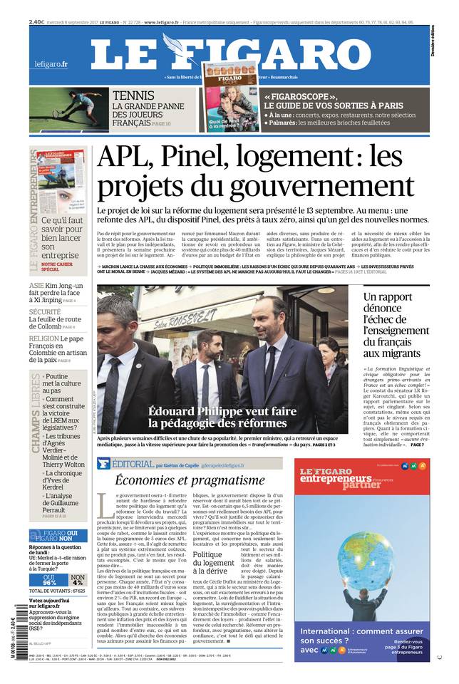 Le Figaro 06 septembre 2017 Le Figaro du 06 septembre 2017 à télécharger sur iPad