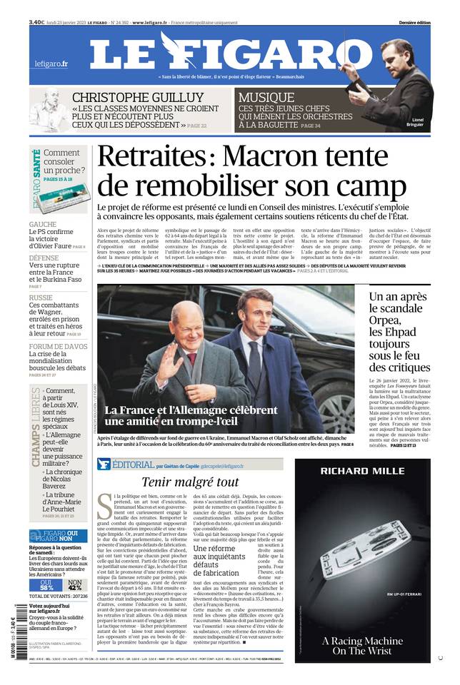 Le Figaro Une du 23 janvier 2023