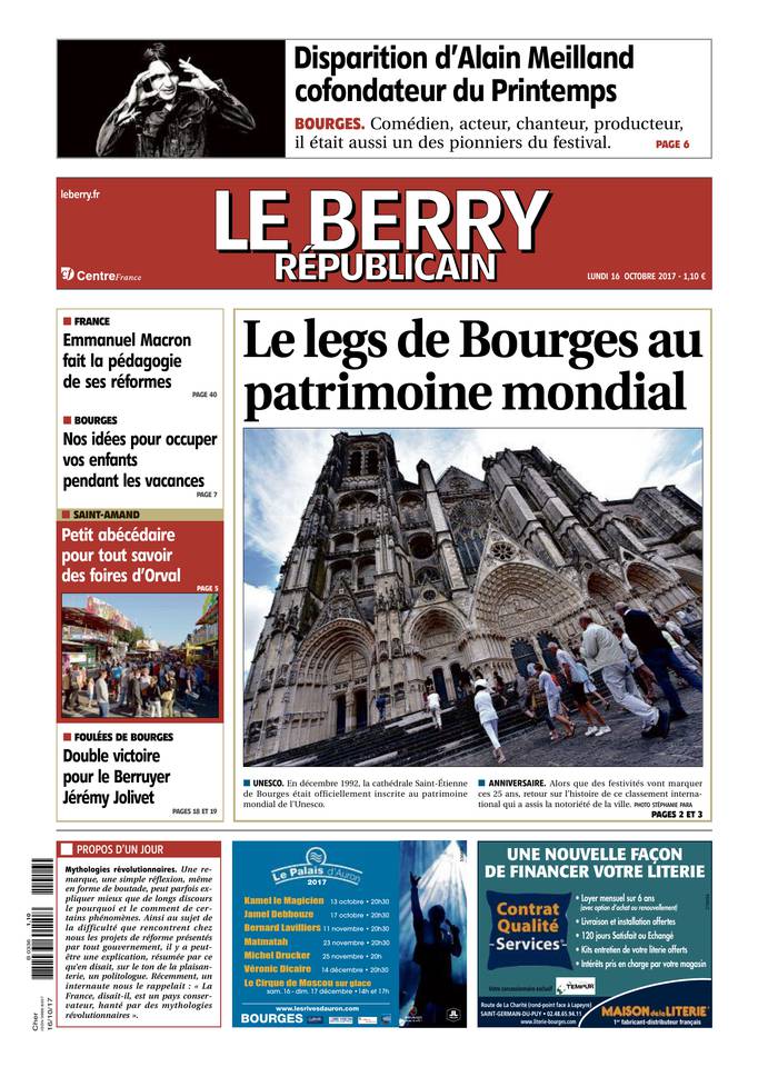 Le Berry Républicain 16 octobre 2017 Abonnement Berry Républicain Pas Cher avec le BOUQUET ePresse.fr
