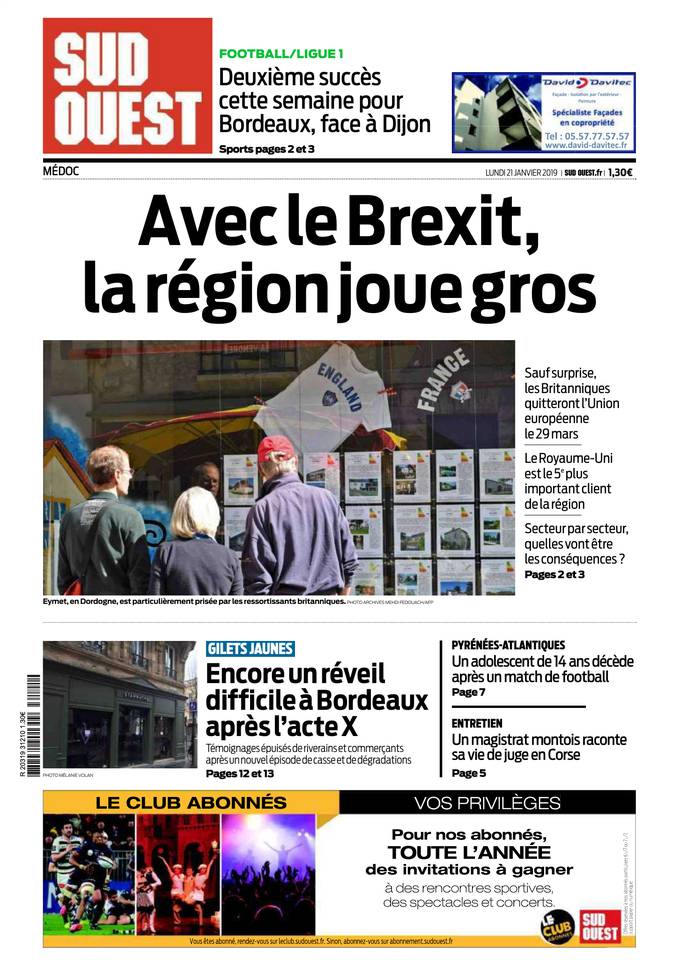 Sud Ouest 21 janvier 2019 Abonnement Sud Ouest Pas Cher avec BOUQUET INFO ePresse.fr