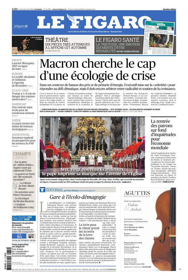 Le Figaro Une du 29 août 2022